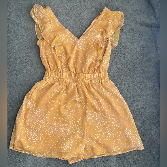 Express Yellow V-Neck Polka Dot Ruffle Romper - Picture 1 of 4